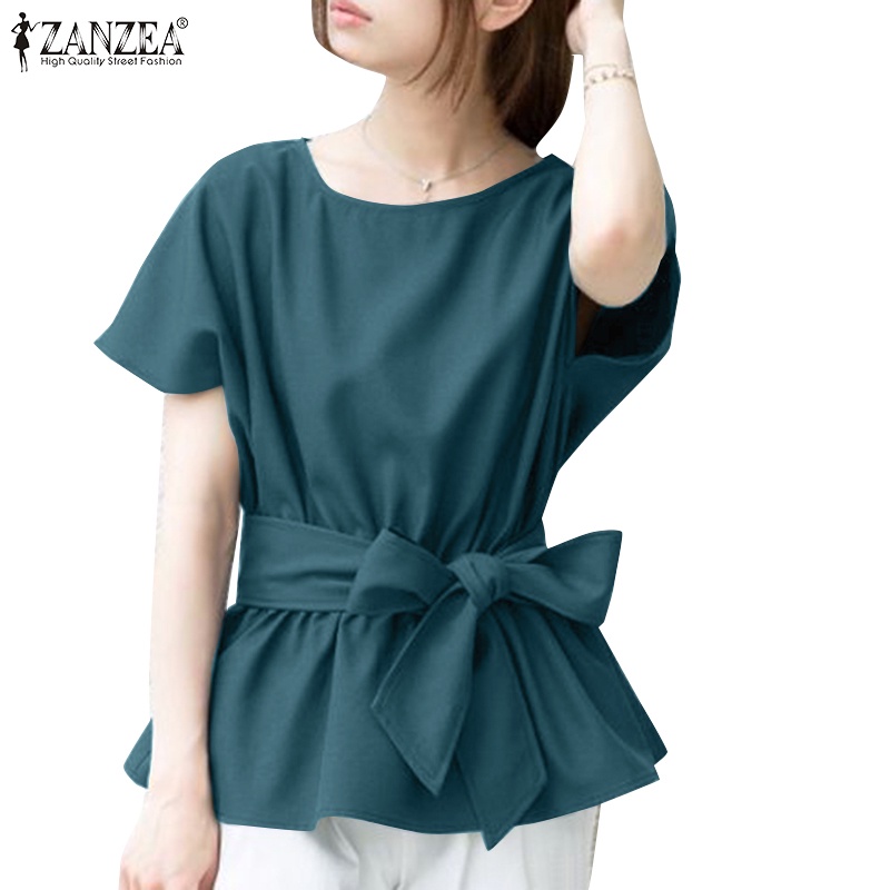 Áo kiểu Zanzea tay ngắn cổ tròn màu trơn có thắt lưng phong cách Hàn Quốc thời trang dành cho nữ