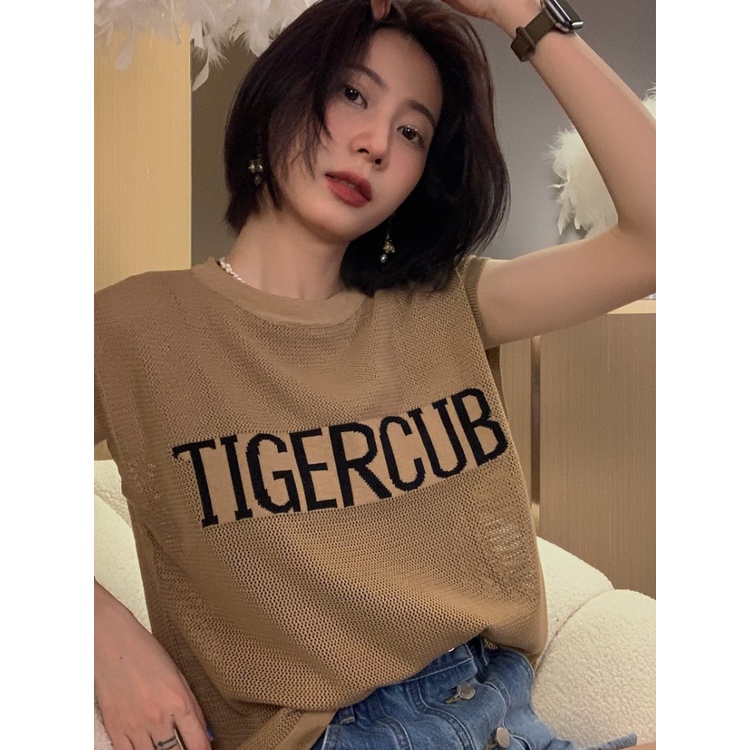 Áo thun SUXI dệt kim mỏng tay ngắn cổ tròn in chữ phong cách Hàn Quốc cho nữ