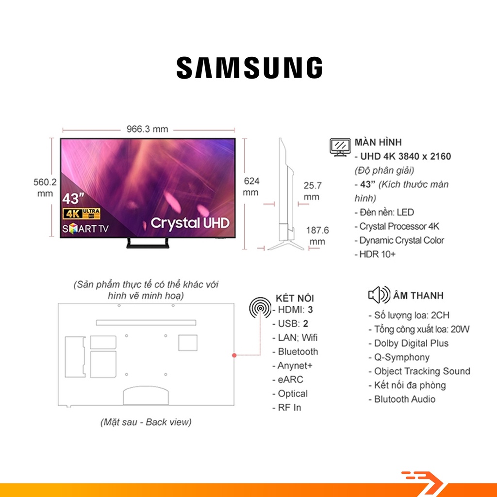 Smart Tivi Samsung Crystal UHD 4K 43 Inch UA43AU9000KXXV - Bảo Hành Chính Hãng