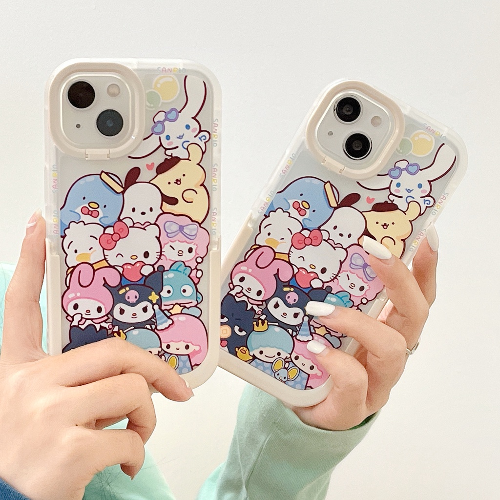 Ốp Điện Thoại Họa Tiết Kuromi and Melody Dễ Thương Chống Sốc Kèm Giá Đỡ Cho Iphone