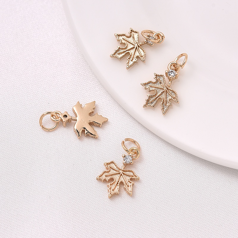 Mặt Dây Chuyền Bằng Đồng Mạ Vàng 14K Đính Đá Zircon diy Hình Lá Phong Nhỏ Nhắn Xinh Xắn