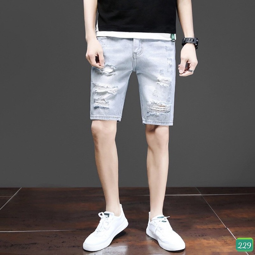 Quần Short Đùi Jean Nam Chất Bò Rin Cao Cấp Xanh Bạc Rách Co Giãn Dáng Ôm Basic T50