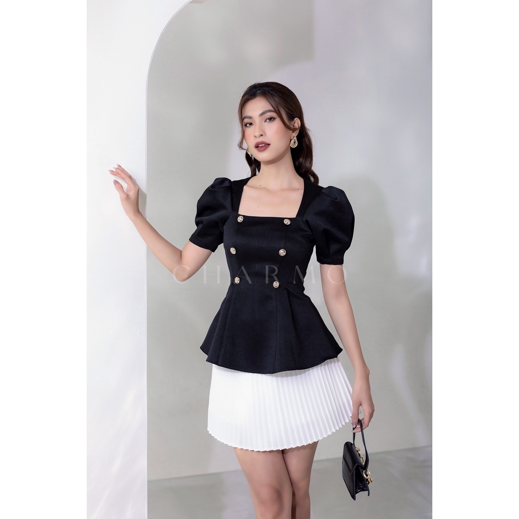 Áo kiểu cổ vuông CHARMO đính nút vải phi biên sang trọng Ruffle Button Top