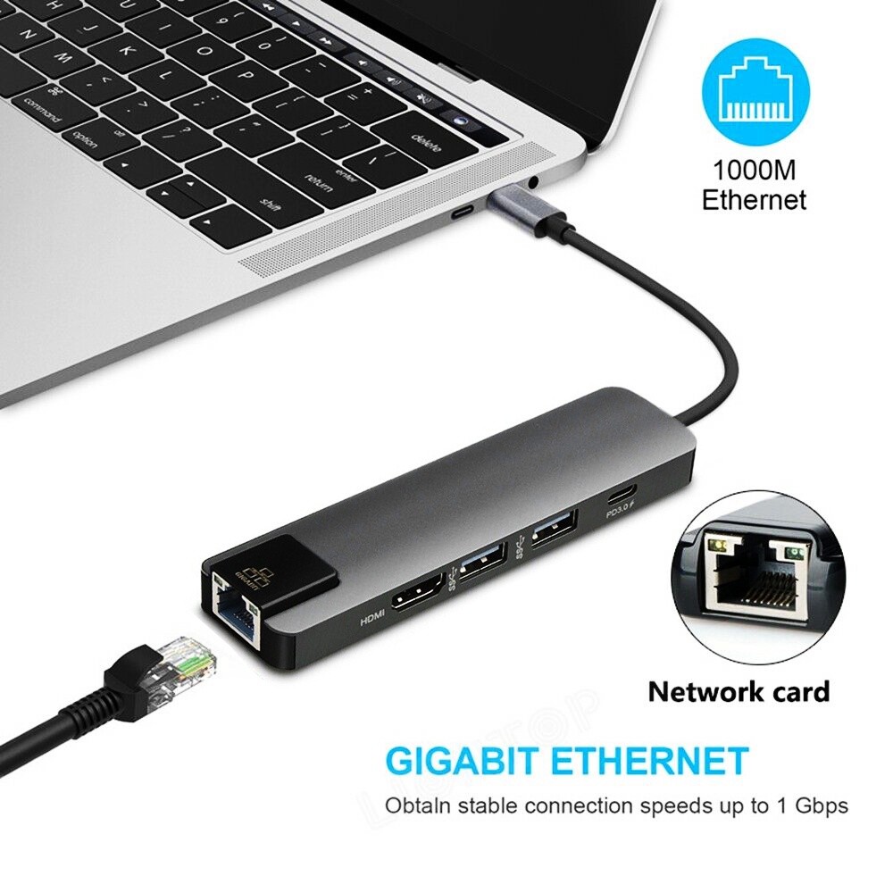 Thiết Bị Cắm Đa Cổng USB Type-C 5 Trong 1 Chuyển Đổi Sang HDMI 4K USB 3.0 PB Gigabit Ethernet Rj45 Lan