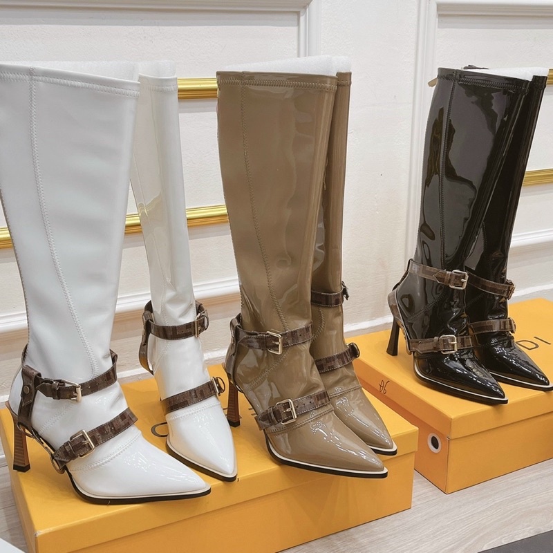 (hình thật) boot đùi da bóng mũi nhọn gót nhọn kèm đai