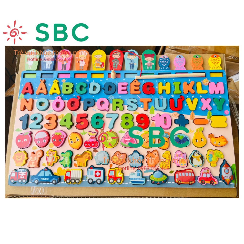 Bộ đồ chơi gỗ Câu cá thông minh học chữ số ghép hình 5,6,7 trong 1 phiên bản Tiếng Anh Tiếng Việt