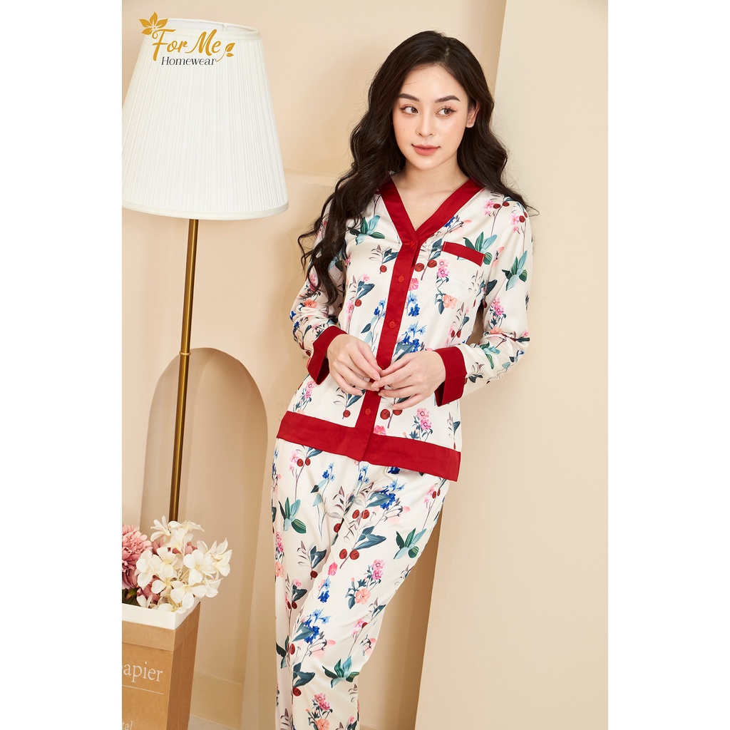 Bộ đồ ngủ, mặc nhà chất Lụa Giấy Luxury Dài Tay Bộ Hoa Cổ Tim 04 ,forme pijama