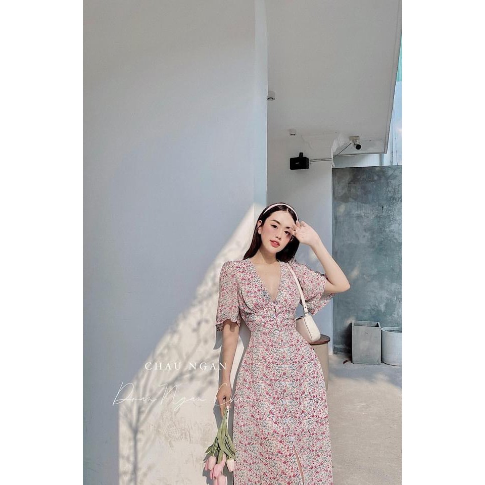 [Mã FAGREEN1505 giảm tới 30K đơn 99K] VÁY HOA NHÍ HỒNG CỔ V KHUY GIỮA TAY XÒE | BigBuy360 - bigbuy360.vn