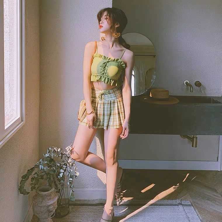 Bộ Đồ Bơi Lưng Cao Họa Tiết Sọc Caro Dễ Thương Cho Nữ
