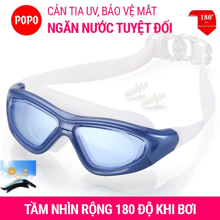 Kính bơi người lớn cùng mũ bơi bịt tai kẹp mũi POPO chất liệu cản tia UV chống sương mờ