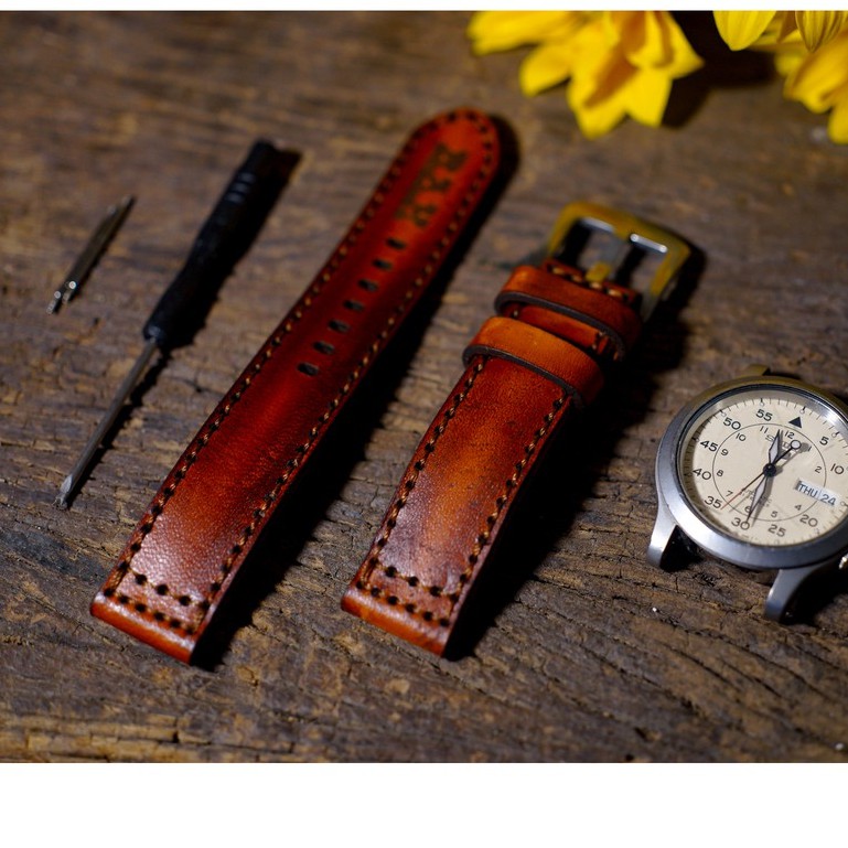 Dây đồng hồ RAM Leather vintage PILOT da bò thật nâu sáng kiểu phi công quân đội