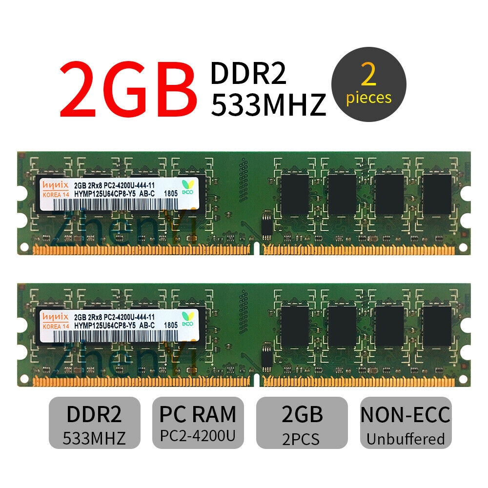 Set 2 Bộ Nhớ RAM 2GB DDR2 PC2-4200U 533MHz 2Rx8 CL4 Cho Máy Tính