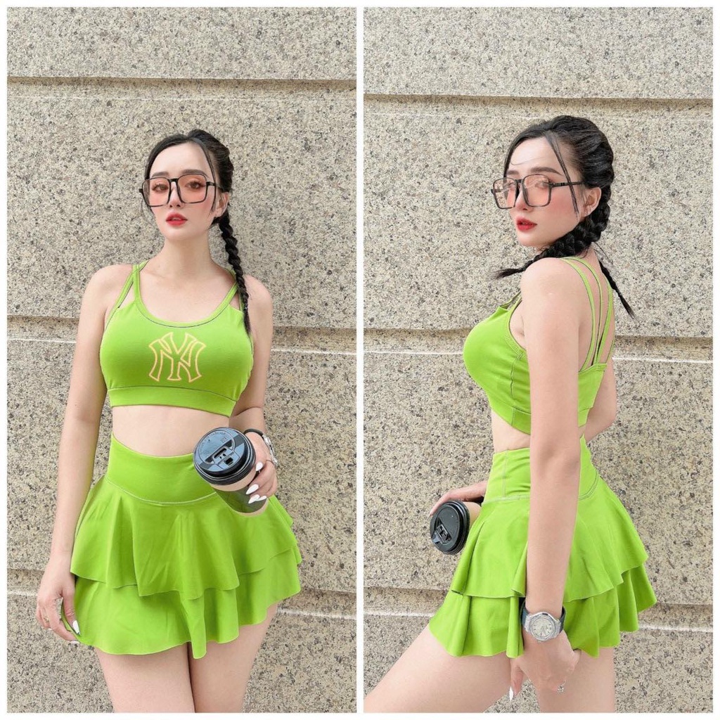 Đồ tập gym nữ, set tập NY áo bra chân váy 2 tầng nhảy aerobic, yoga, khiêu vũ,biểu diễn, đi bơi,đi biển nữ