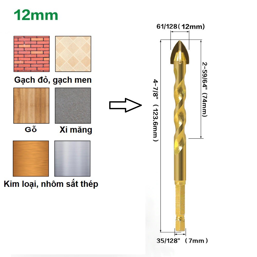 Mũi Khoan Đa Năng Gạch Kính Chữ Thập Loại Tốt - Mũi Khoan Đa Năng Chuôi Lục Giác Mạ Titan 6-12MM (Bán Lẻ 1 Mũi)