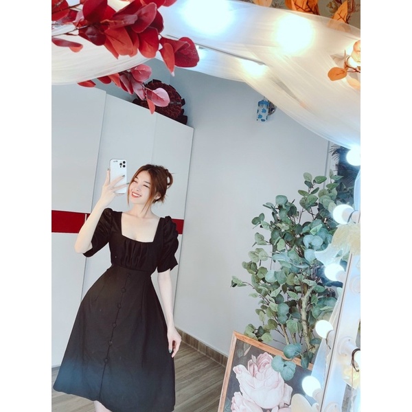 ĐẦM CỔ VUÔNG TAY PHỒNG CÚC BỌC FREESIZE