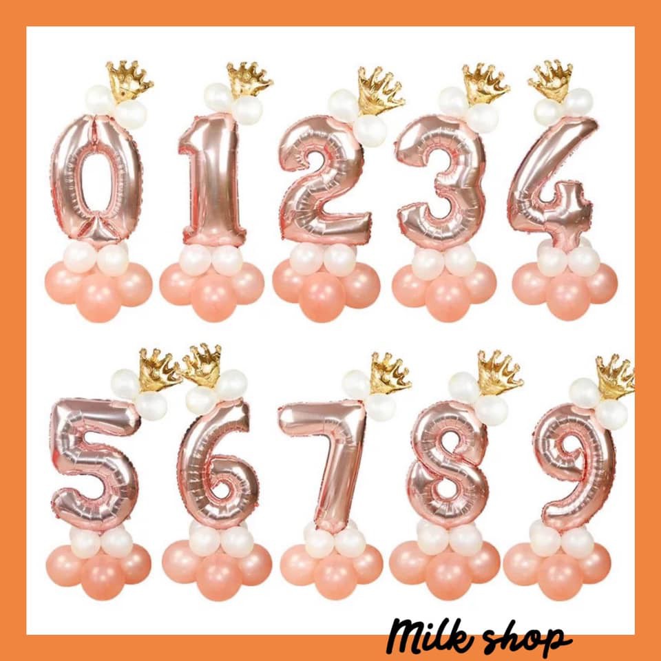 Bong Bóng Số 0-9 Kèm Bóng Tròn Vương Miện Milkshop 75cm màu rose gold (A00)