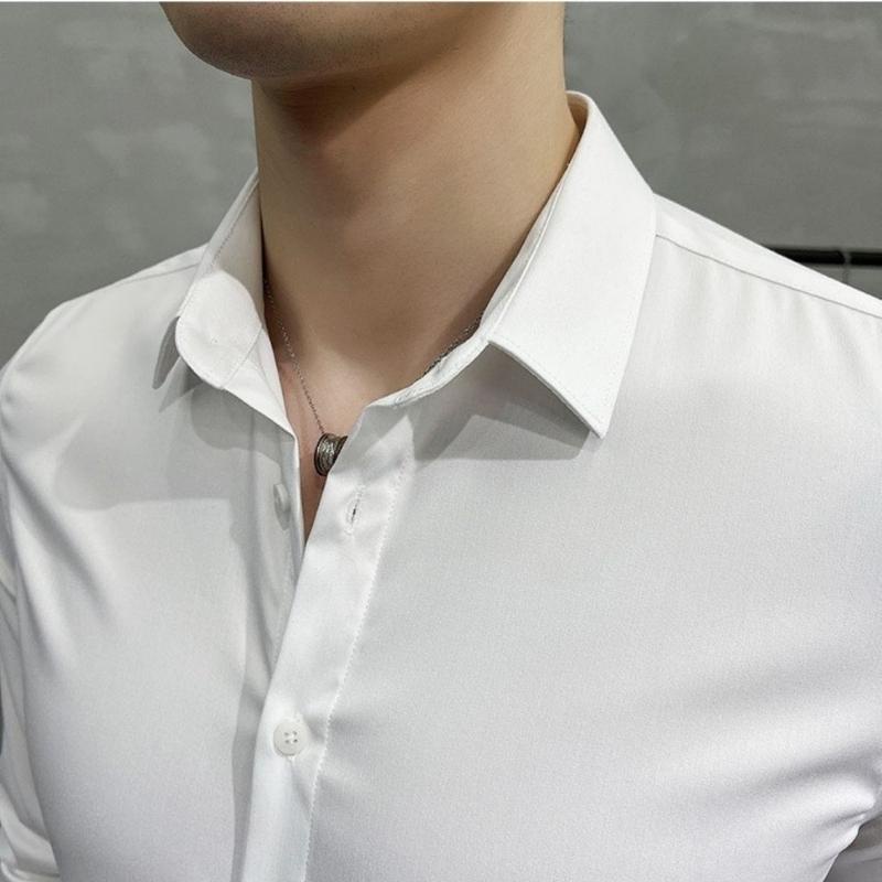 áo nam cao cấp,sơ mi trắng nam dài tay dáng ôm cổ bẻ,vải lụa trơn co giãn không nhăn thời trang công sở Hàn Quốc