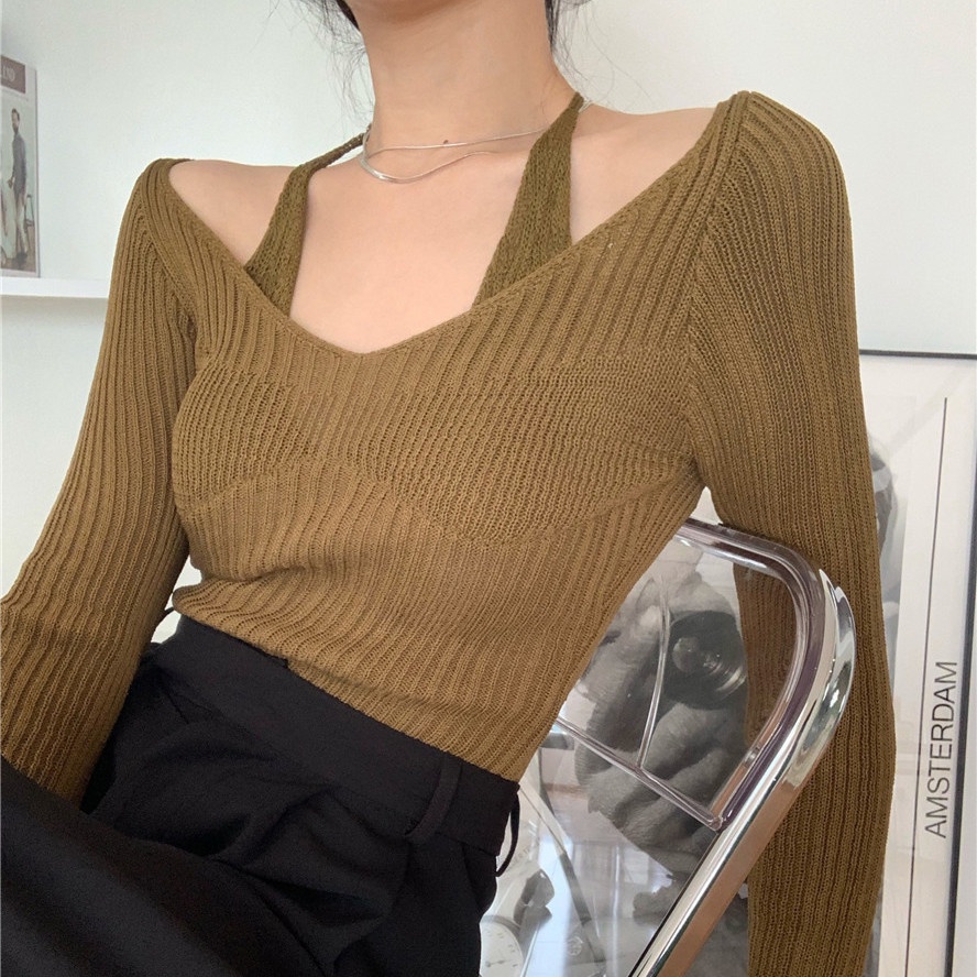 Áo len tay dài cổ chữ V màu sắc thời trang cho nữ