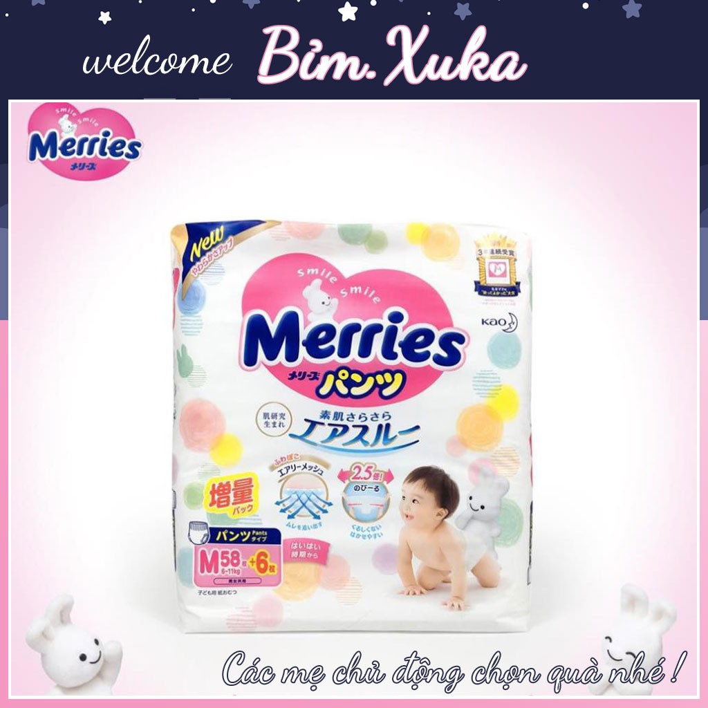 Tã/bỉm quần Merries size M 58 + 6 miếng (Cho bé 6-11kg) Bỉm XuKa