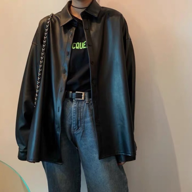 Áo Khoác Leather Jacket Da PU Form Rộng Oversize Màu Đen Nâu Tay Dài Nam Nữ