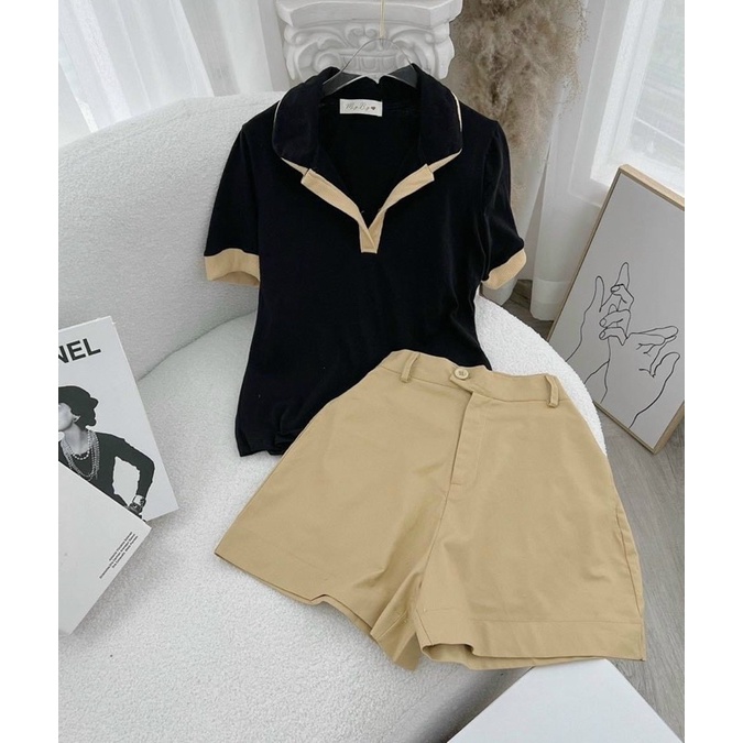 SET PULL ĐEN VIỀN CỔ POLO + SHORT KAKI NÂU