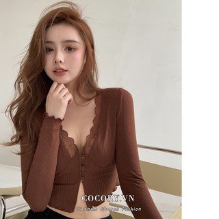  Áo Croptop Tay Dài Phối Ren Hoa Thiết Kế Cổ Chữ V Quyến Rũ