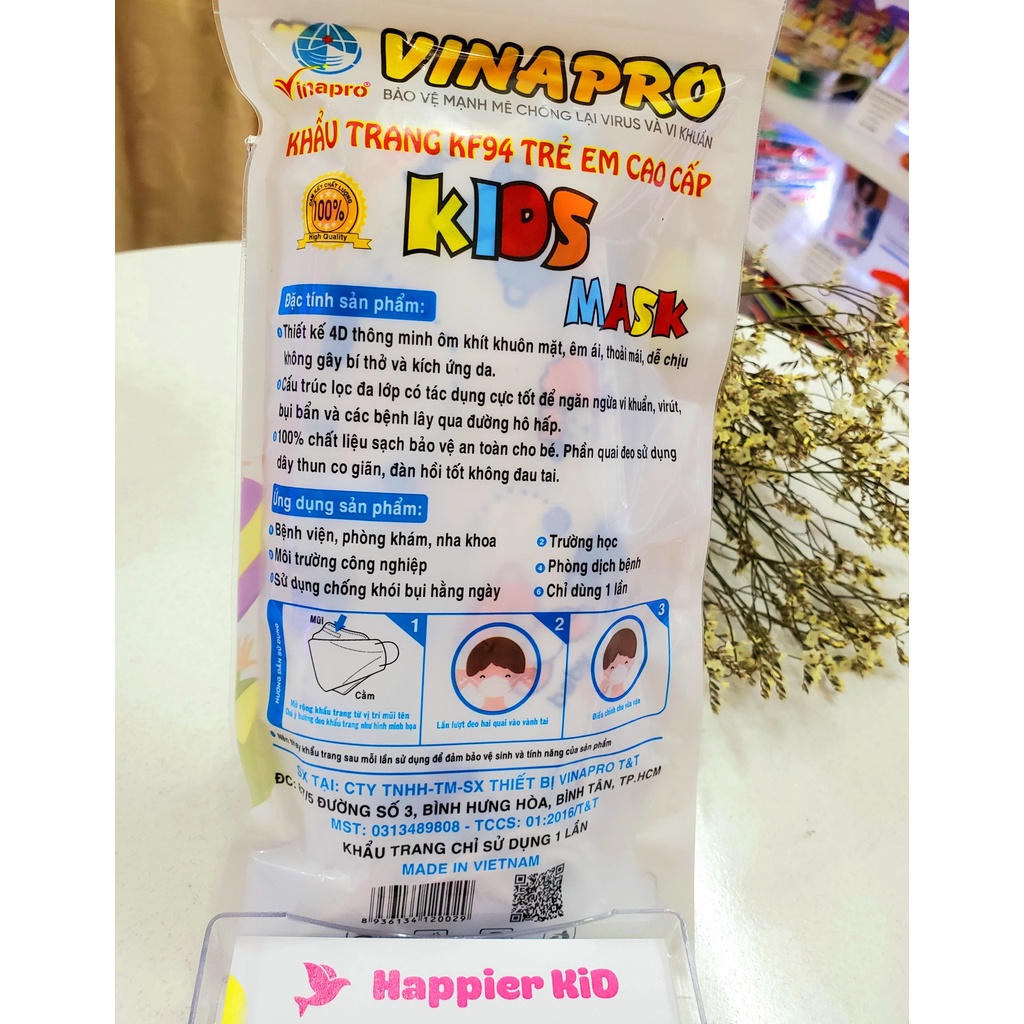Túi 10 khẩu trang 4d KF9F4 Vinapro bảo vệ trẻ mạnh mẽ khỏi  bụi bẩn, vi khuẩn, sản xuất tại việt nam
