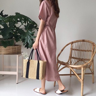 Đầm váy freesize sơ mi hồng túi mổ