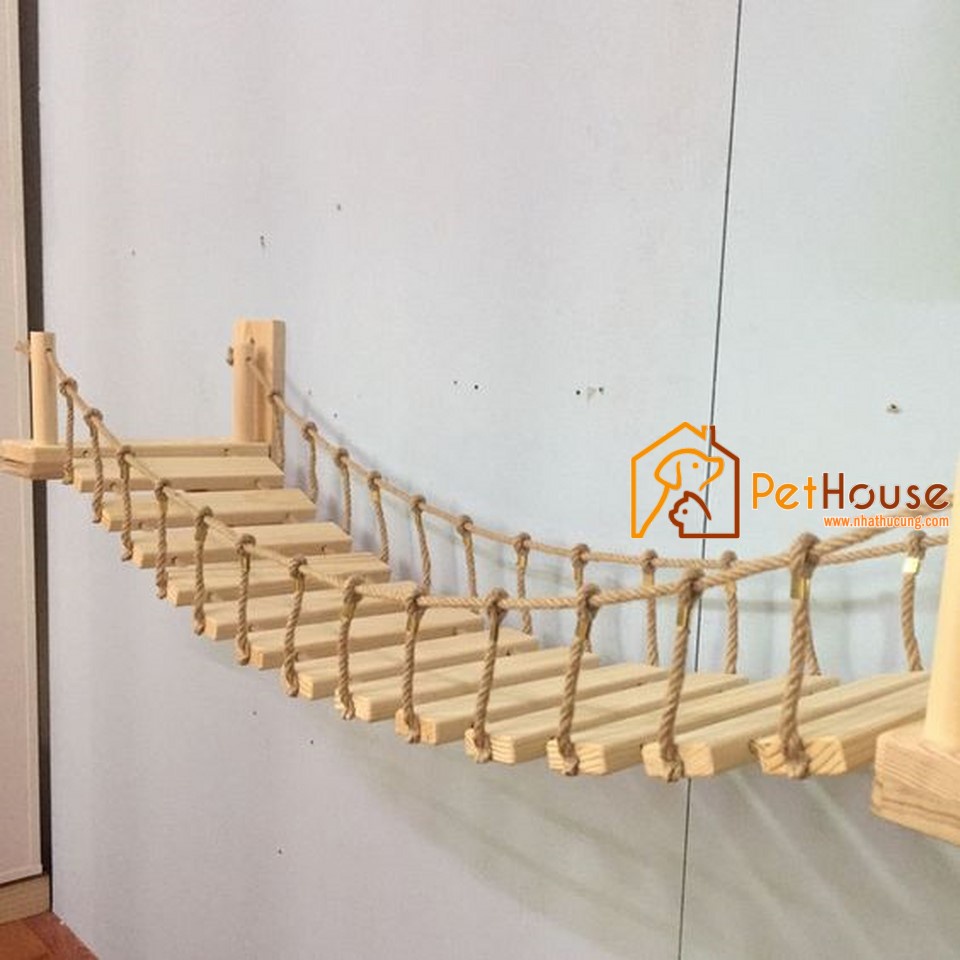 Cầu treo tường dành cho mèo, thang dây gỗ, sân chơi cho mèo bằng gỗ tự nhiên