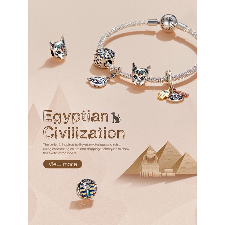 Mặt trang sức Bamoer SCC1858 bằng bạc 925 họa tiết Pharaoh Ai Cập cổ đại/thần mèo Bastet màu vàng dùng làm vòng tay DIY