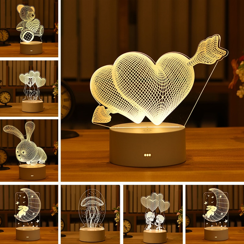 Đèn LED Hình Trái Tim 3D Lãng Mạn Bằng Acrylic Để Bàn Trang Trí