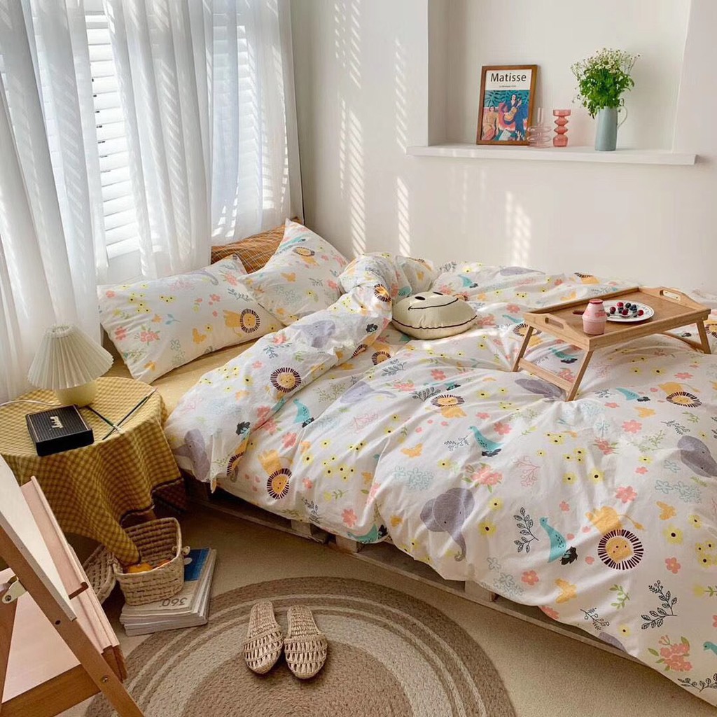 Bộ chăn ga cotton living  100% cotton- mẫu sư tử trắng
