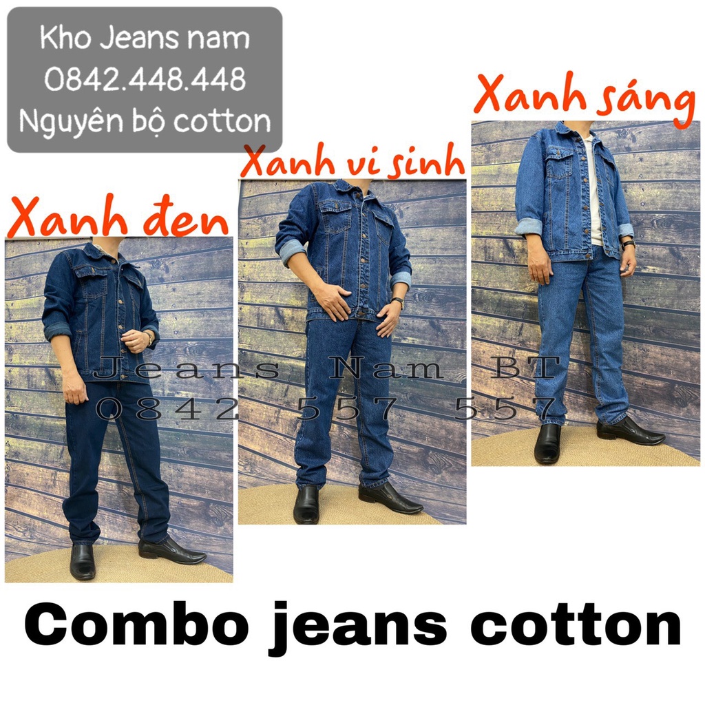 COMBO (Size 35 - 40) Nguyên bộ Jean Cotton XANH ĐEN, Áo Jean, áo khoác bò, Quần Jean Nam Ống Suông, Quần Bò Nam