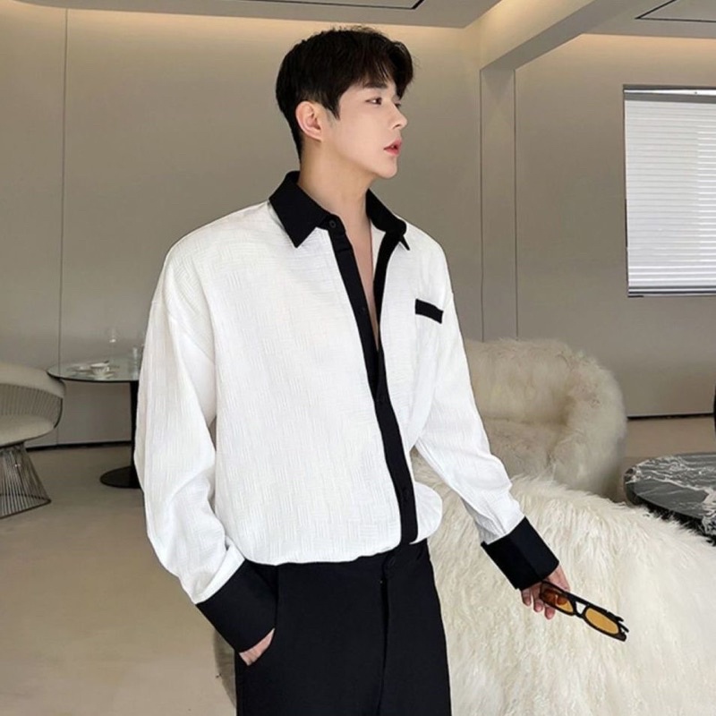 Áo Sơ-mi Nam Viền Tương Phản Trắng Đen Lãng Tử 2022 Diamondcloset Order