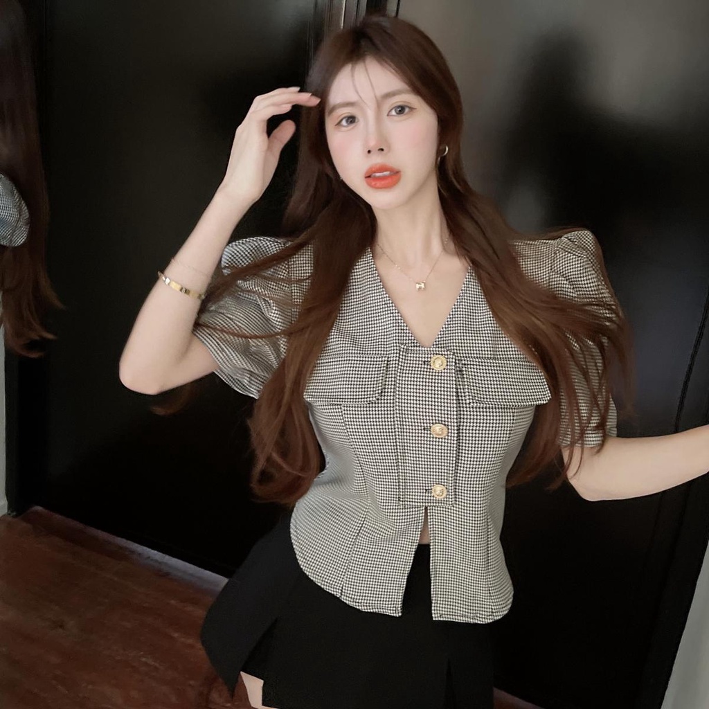 Áo Sơ Mi Tay Phồng Dáng Ôm Phong Cách Phương Tây Thời Trang Cho Nữ