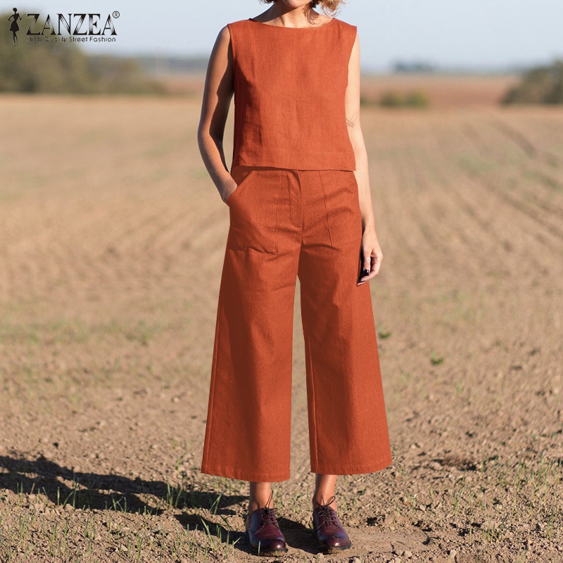 Set đồ ZANZEA gồm áo thun không tay và quần ống rộng thời trang dành cho nữ