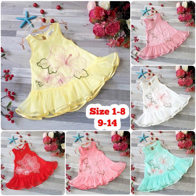 Đầm voan lưới thêu đắp hoa cho bé