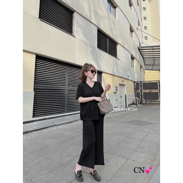Set bộ len gân trơn mongtoghi tay ngắn - bigsize mặc được
