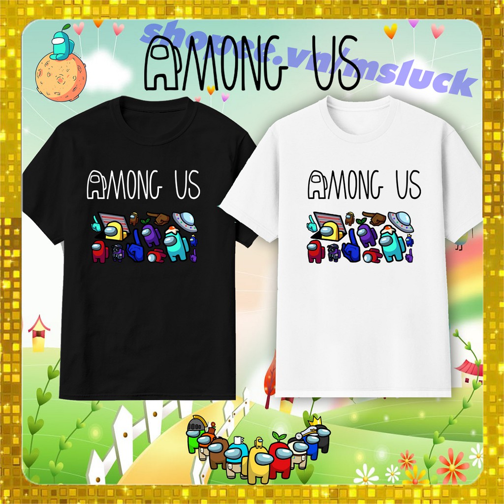 , áo thun among us, vải cotton mát mịn, size trẻ em, người lớn, bigsize, áo đen in PET nổi cực đẹp