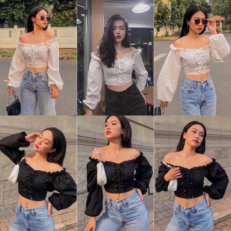 Áo Kiểu DREAM TOP form croptop cực xinh thiết kế bo chun phần vai mặc được 2 kiểu chun rút tạo kiểu dễ mix
