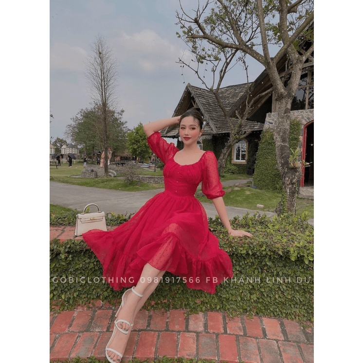 (Mẫu Mới) Đầm Voan Hột Cổ Trò Rộng Dáng Xòe UP HHP