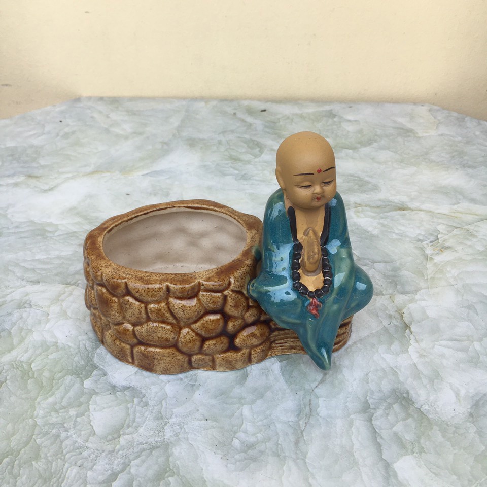 Chậu tượng Chú tiểu ngồi men màu xanh ngọc gốm Bát tràng 1 size CT-76