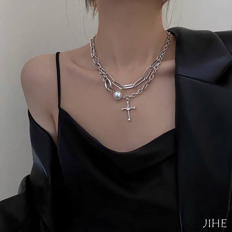 Vòng cổ Hai Lớp Mặt Thánh Giá Phong Cách Hip Hop Thời Trang unisex