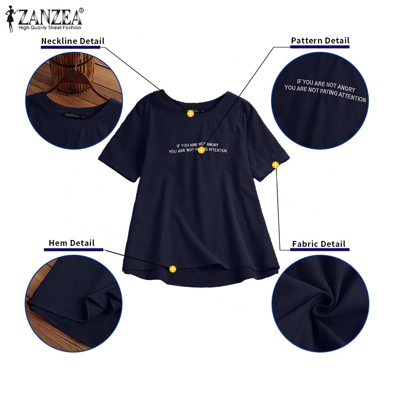 Áo thun Zanzea tay ngắn cổ tròn thêu chữ đơn giản thời trang cho nữ