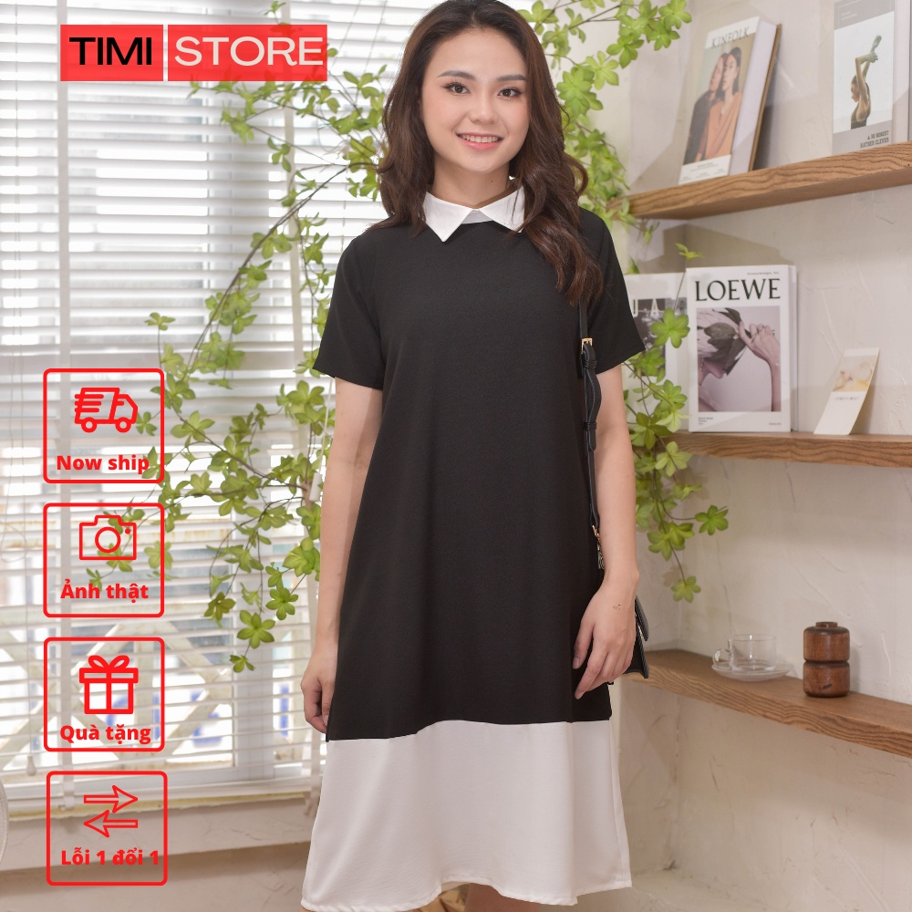 Đầm Bầu Thiết Kế-Váy Suông TiMi màu đen dáng suông phối đuôi trắng cổ sơ mi chất vải lụa size 40-100kg TM007