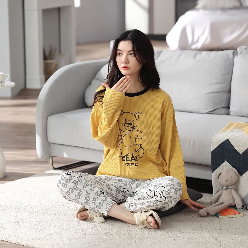 Bộ mặc nhà thu đông cotton vân sọc gấu tinh nghịch