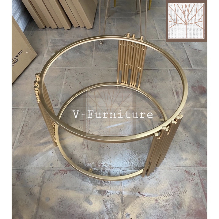Bàn trà đơn Sofa phòng khách 2 mặt kính tròn chân kim loại sơn tĩnh điện kiểu cây sáo sang trọng hiện đại