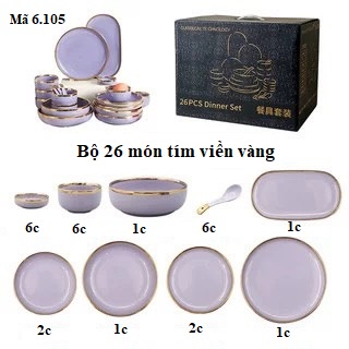 Bát đĩa màu tím viền vàng 26 chi tiết, tô sứ cao cấp, bộ đồ bàn ăn: 6.105