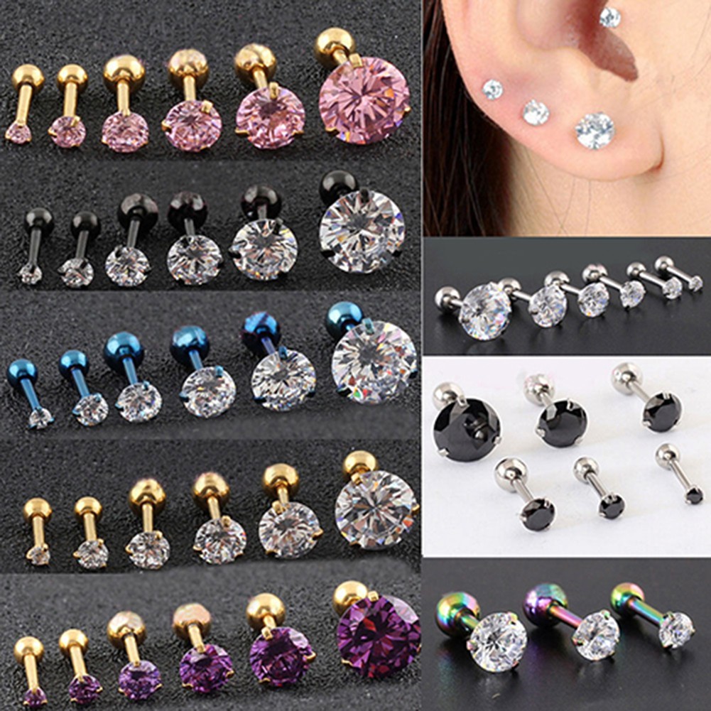 Khuyên Tai Thép Không Gỉ Đính Đá Zircon 3 Chấu Thời Trang