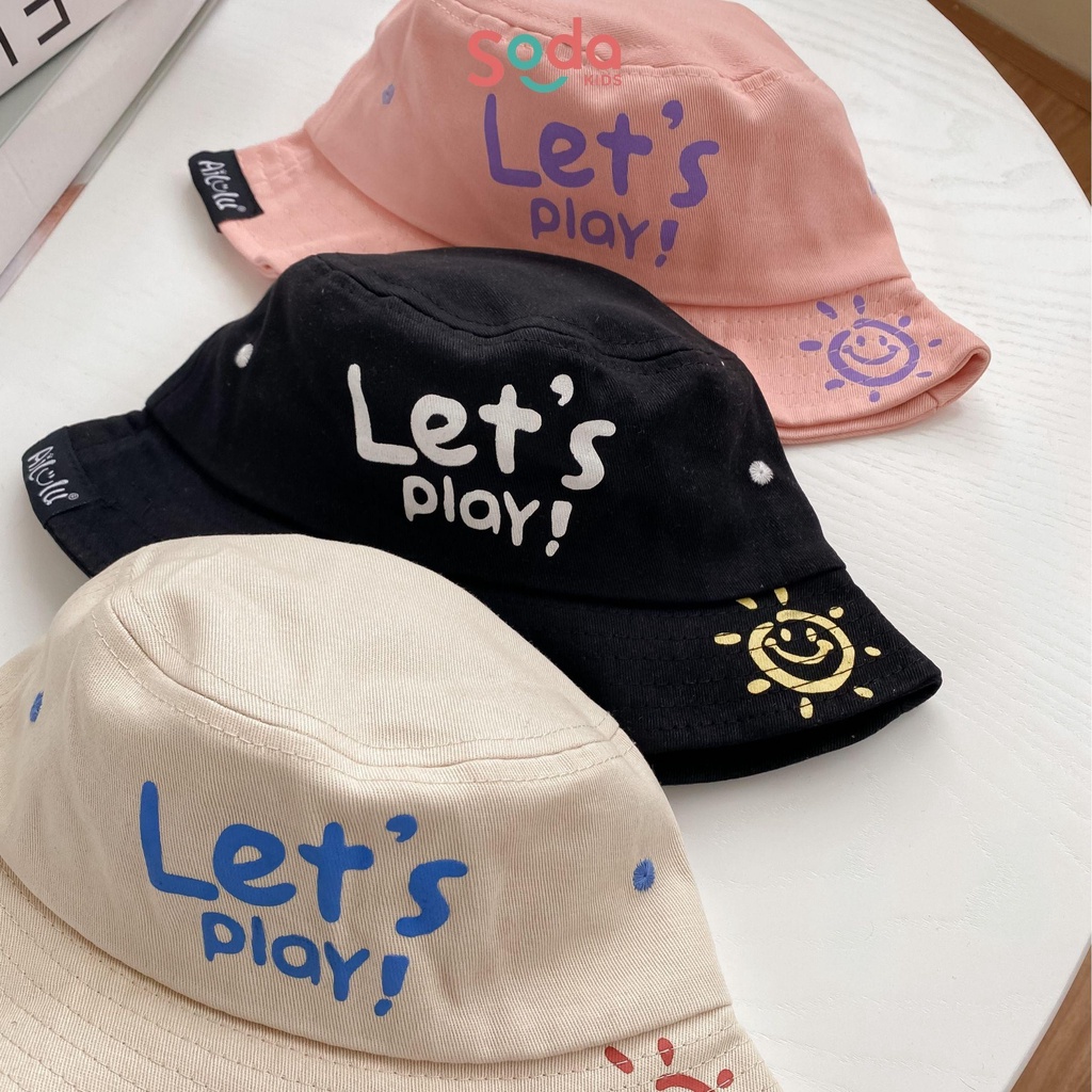 Mũ vành cho bé SODA KIDS let's play in hình mặt trời, chất liệu thô có quai chun (2 màu)